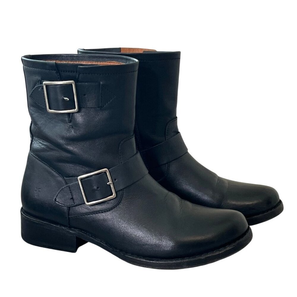 Frye Vicky Engineer Short Black Leather Buckle Boots Size 7.5 - Picture 4 of 10